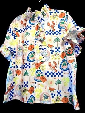 GeeGee Palm Paradise Button Down Ruffle Beach Shirt